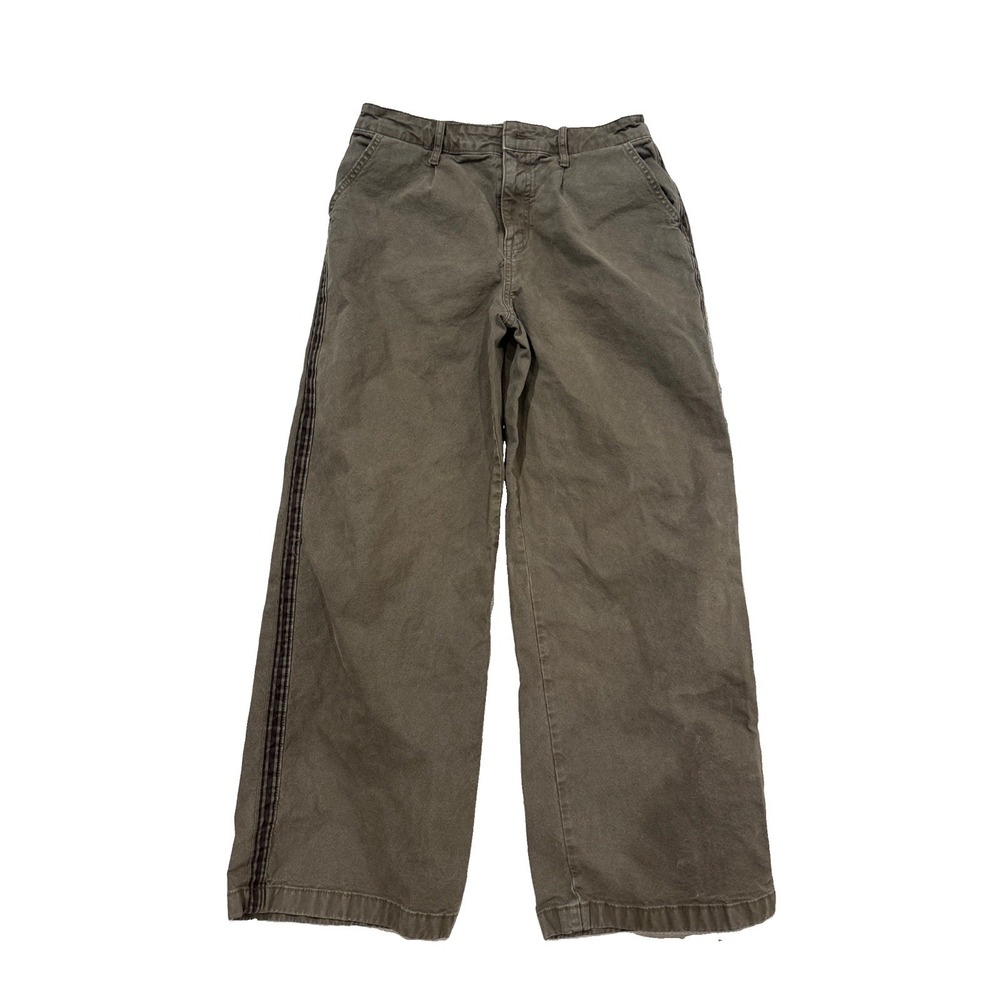 American Eagle Wide Leg Khaki Pants Women 8 Olive Green High Rise Baggy Stripe